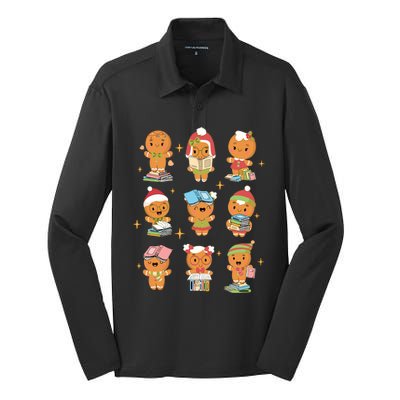 Gingerbread Man Teacher Christmas Reading Book Librarian Silk Touch Performance Long Sleeve Polo