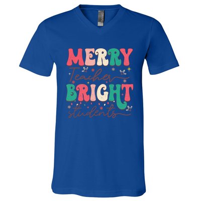 Groovy Merry Teacher Bright Students Funny Christmas Teacher Gift V-Neck T-Shirt