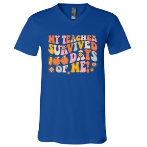 Groovy My Teacher Survived 100 Days Of Me Funny 100th Day Meaningful Gift V-Neck T-Shirt