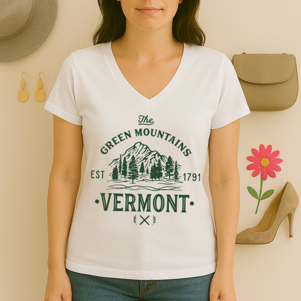 Green Mountains Vermont Vacation Women's V-Neck T-Shirt
