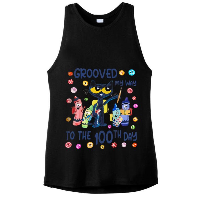 Grooved My Way To The 100th Day Pete Cat 100 Days Of School Ladies PosiCharge Tri-Blend Wicking Tank
