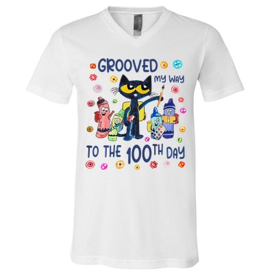 Grooved My Way To The 100th Day Pete Cat 100 Days Of School V-Neck T-Shirt