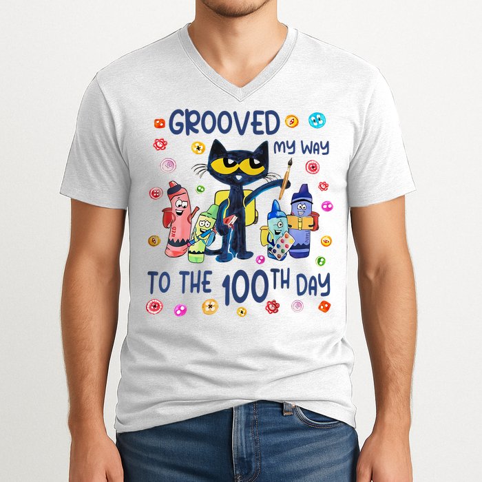 Grooved My Way To The 100th Day Pete Cat 100 Days Of School V-Neck T-Shirt