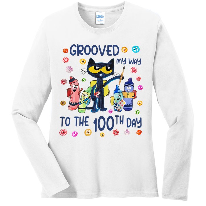 Grooved My Way To The 100th Day Pete Cat 100 Days Of School Ladies Long Sleeve Shirt
