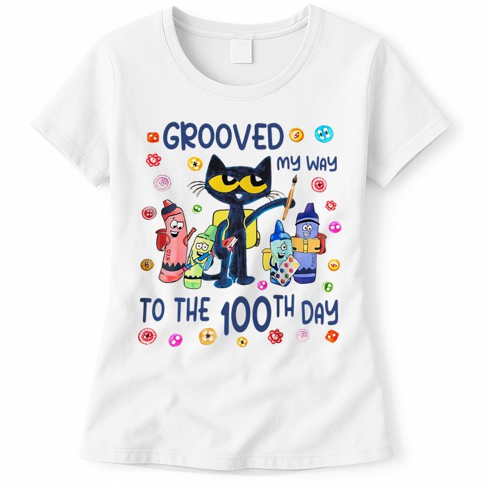 Grooved My Way To The 100th Day Pete Cat 100 Days Of School Womens T-Shirt