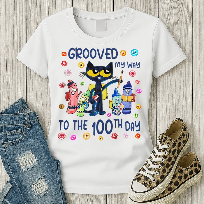 Grooved My Way To The 100th Day Pete Cat 100 Days Of School Womens T-Shirt