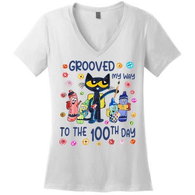 Grooved My Way To The 100th Day Pete Cat 100 Days Of School Women's V-Neck T-Shirt