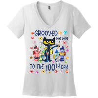 Grooved My Way To The 100th Day Pete Cat 100 Days Of School Women's V-Neck T-Shirt