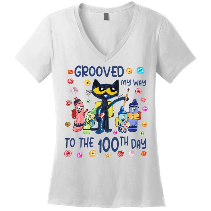 Grooved My Way To The 100th Day Pete Cat 100 Days Of School Women's V-Neck T-Shirt