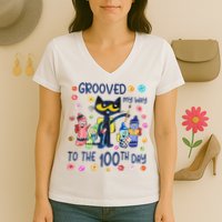 Grooved My Way To The 100th Day Pete Cat 100 Days Of School Women's V-Neck T-Shirt
