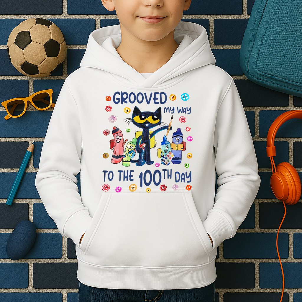 Grooved My Way To The 100th Day Pete Cat 100 Days Of School Kids Hoodie