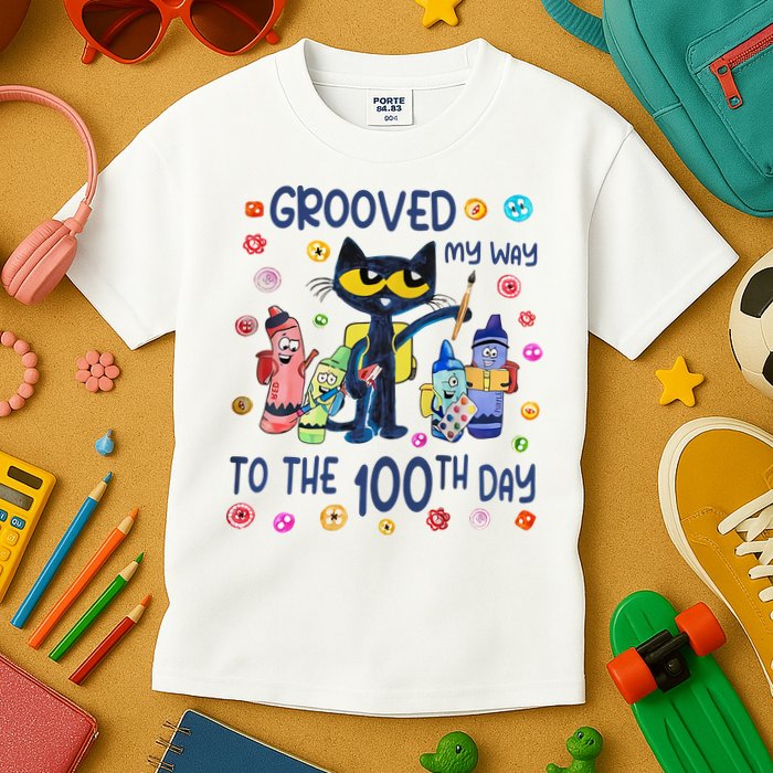 Grooved My Way To The 100th Day Pete Cat 100 Days Of School Kids T-Shirt