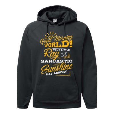 Good Morning World Sarcastic Ray Of Sunshine Performance Fleece Hoodie