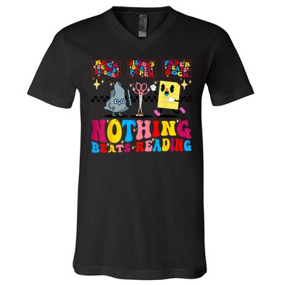 Groovy Nothing Beats Reading Rock Paper Scissors Book Lovers V-Neck T-Shirt