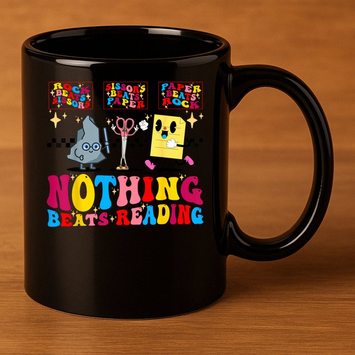 Groovy Nothing Beats Reading Rock Paper Scissors Book Lovers 11oz C Handle Ceramic Mug