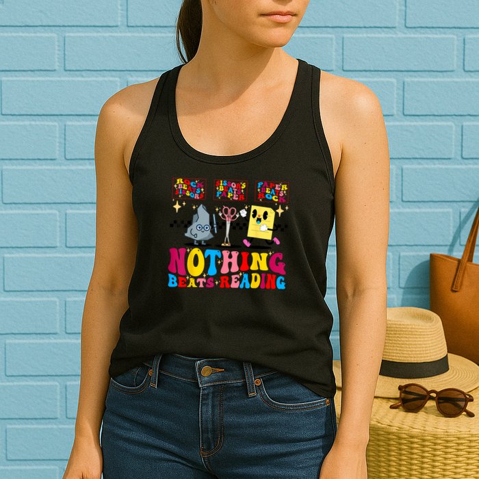 Groovy Nothing Beats Reading Rock Paper Scissors Book Lovers Womens Tank Top