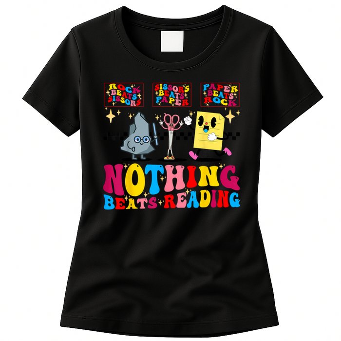 Groovy Nothing Beats Reading Rock Paper Scissors Book Lovers Womens T-Shirt