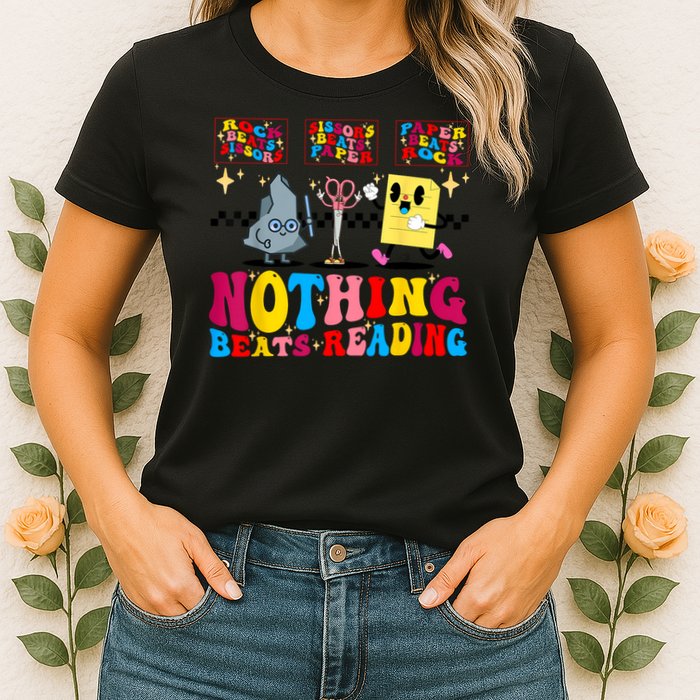Groovy Nothing Beats Reading Rock Paper Scissors Book Lovers Womens T-Shirt