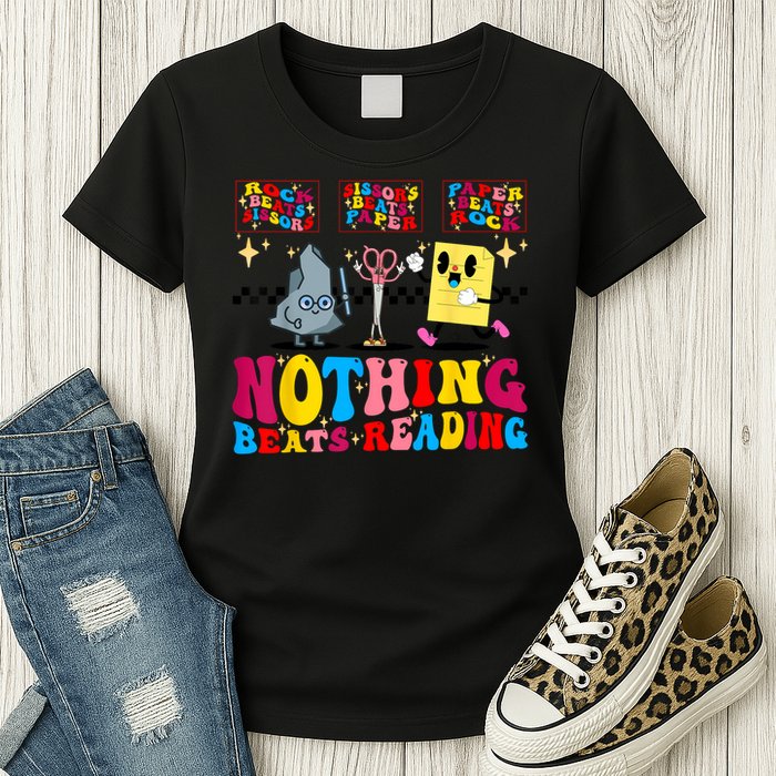 Groovy Nothing Beats Reading Rock Paper Scissors Book Lovers Womens T-Shirt