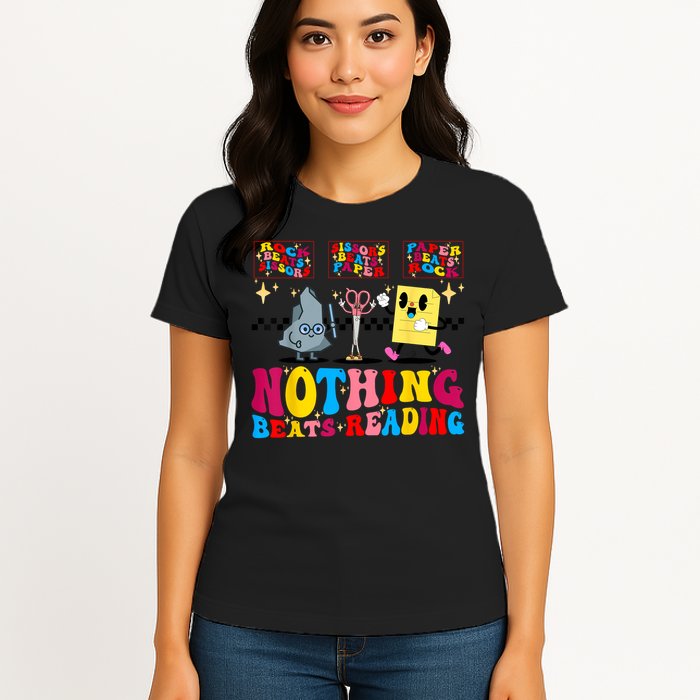 Groovy Nothing Beats Reading Rock Paper Scissors Book Lovers Womens T-Shirt