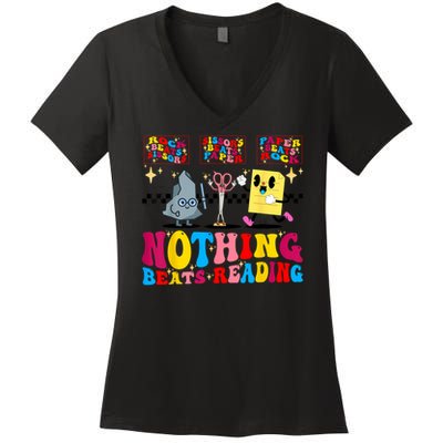 Groovy Nothing Beats Reading Rock Paper Scissors Book Lovers Women's V-Neck T-Shirt