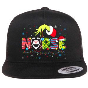 Groovy Nurse Christmas Xmas Santa Rn Cna Icu Scurb Flat Bill Trucker Hat