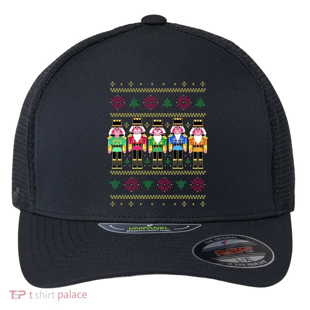 Golden Nutcracker Funny Jolly & Merry Ugly Christmas Flexfit Unipanel Trucker Cap
