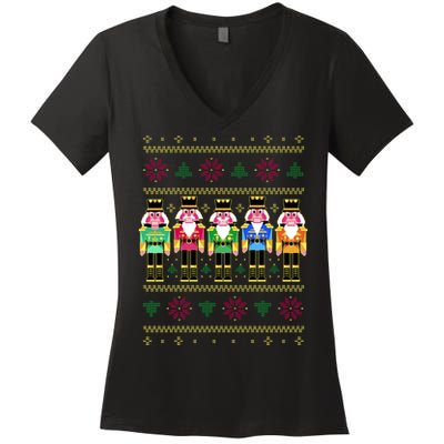 Golden Nutcracker Funny Jolly & Merry Ugly Christmas Women's V-Neck T-Shirt