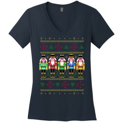 Golden Nutcracker Funny Jolly & Merry Ugly Christmas Women's V-Neck T-Shirt