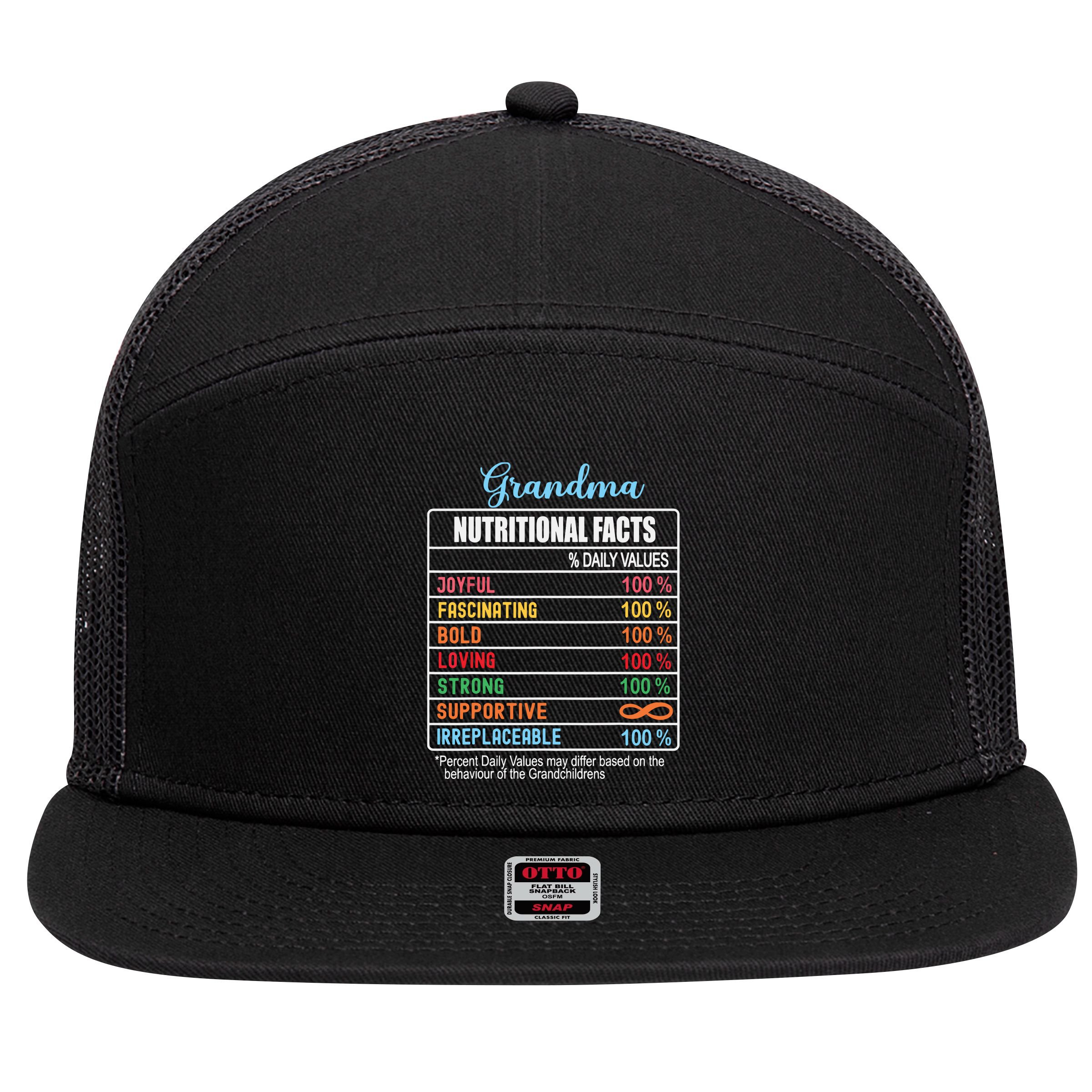 Grandma Nutritional Facts Grandparents Day Funny 7 Panel Mesh Trucker Snapback Hat