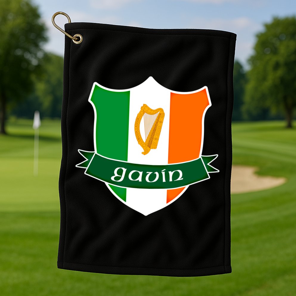 Gavin Name Irish Gift Irish Flag Harp Crest Golf Towel