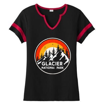 Glacier National Park Mountain Trees & Sun Camping Hiking Ladies Halftime Notch Neck Tee