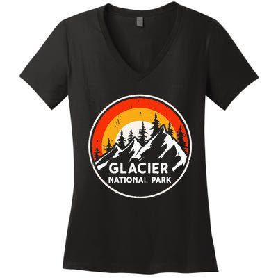 Glacier National Park Mountain Trees & Sun Camping Hiking Women's V-Neck T-Shirt