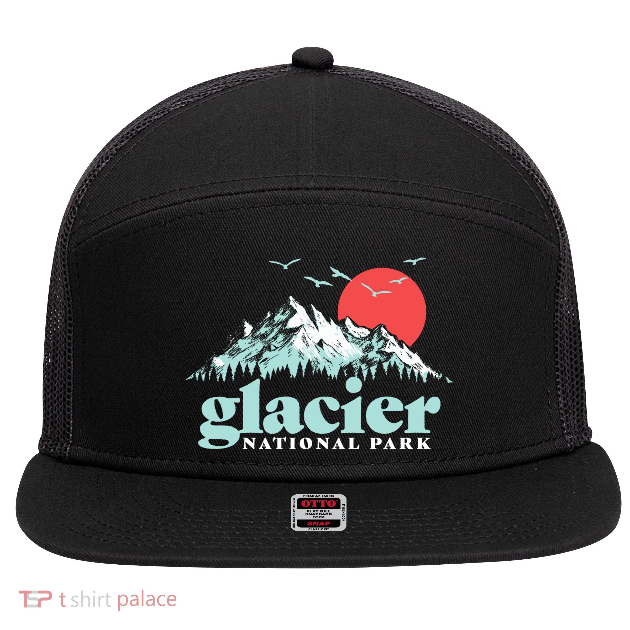 Glacier National Park Vintage 80s Mountains Cute Gift 7 Panel Mesh Trucker Snapback Hat