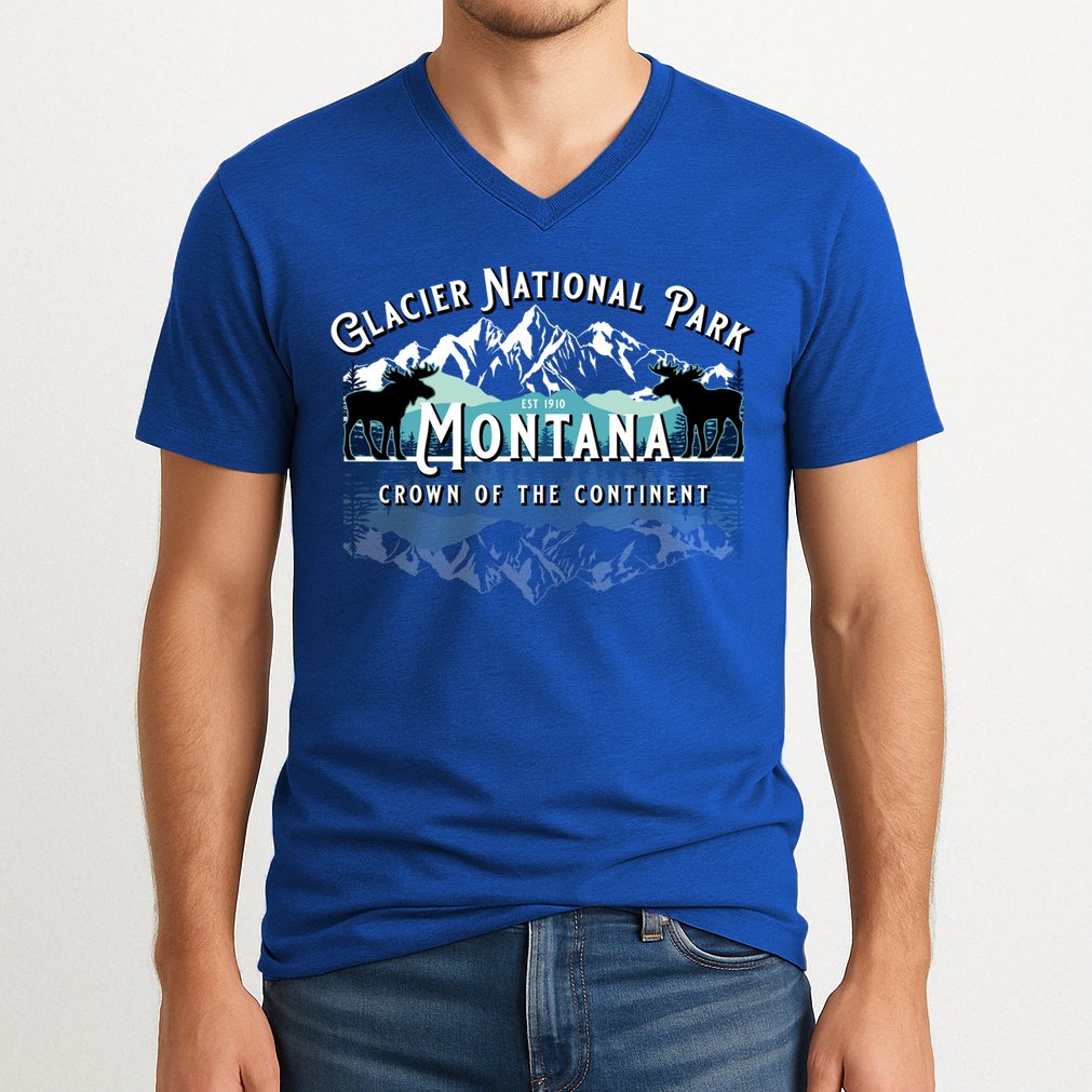 Glacier National Park Montana Hiking Moose Camping Souvenir Gift V-Neck T-Shirt