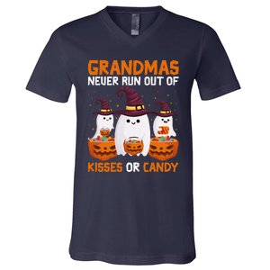 Grandmas Never Run Out Of Kisses Or Candy Ghost Halloween V-Neck T-Shirt