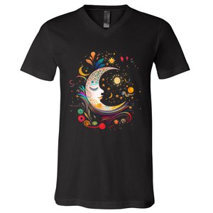 Galaxy Night Sky Moon Lunar Stars Sun Love V-Neck T-Shirt