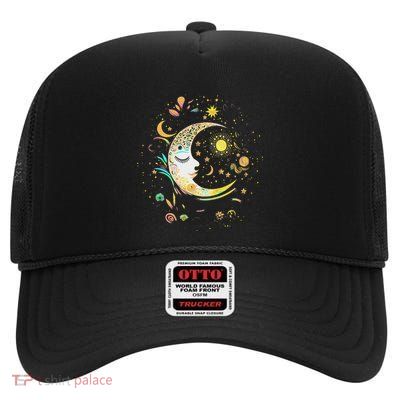 Galaxy Night Sky Moon Lunar Stars Sun Love High Crown Mesh Back Trucker Hat