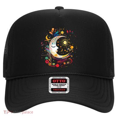 Galaxy Night Sky Moon Lunar Stars Sun Love High Crown Mesh Back Trucker Hat
