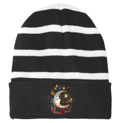 Galaxy Night Sky Moon Lunar Stars Sun Love Striped Beanie with Solid Band