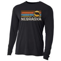 Graphic Nebraska Us State Map Vintage Retro Stripes Cooling Performance Long Sleeve Crew