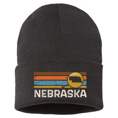 Graphic Nebraska Us State Map Vintage Retro Stripes Sustainable Knit Beanie