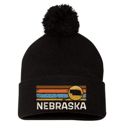 Graphic Nebraska Us State Map Vintage Retro Stripes Pom Pom 12in Knit Beanie
