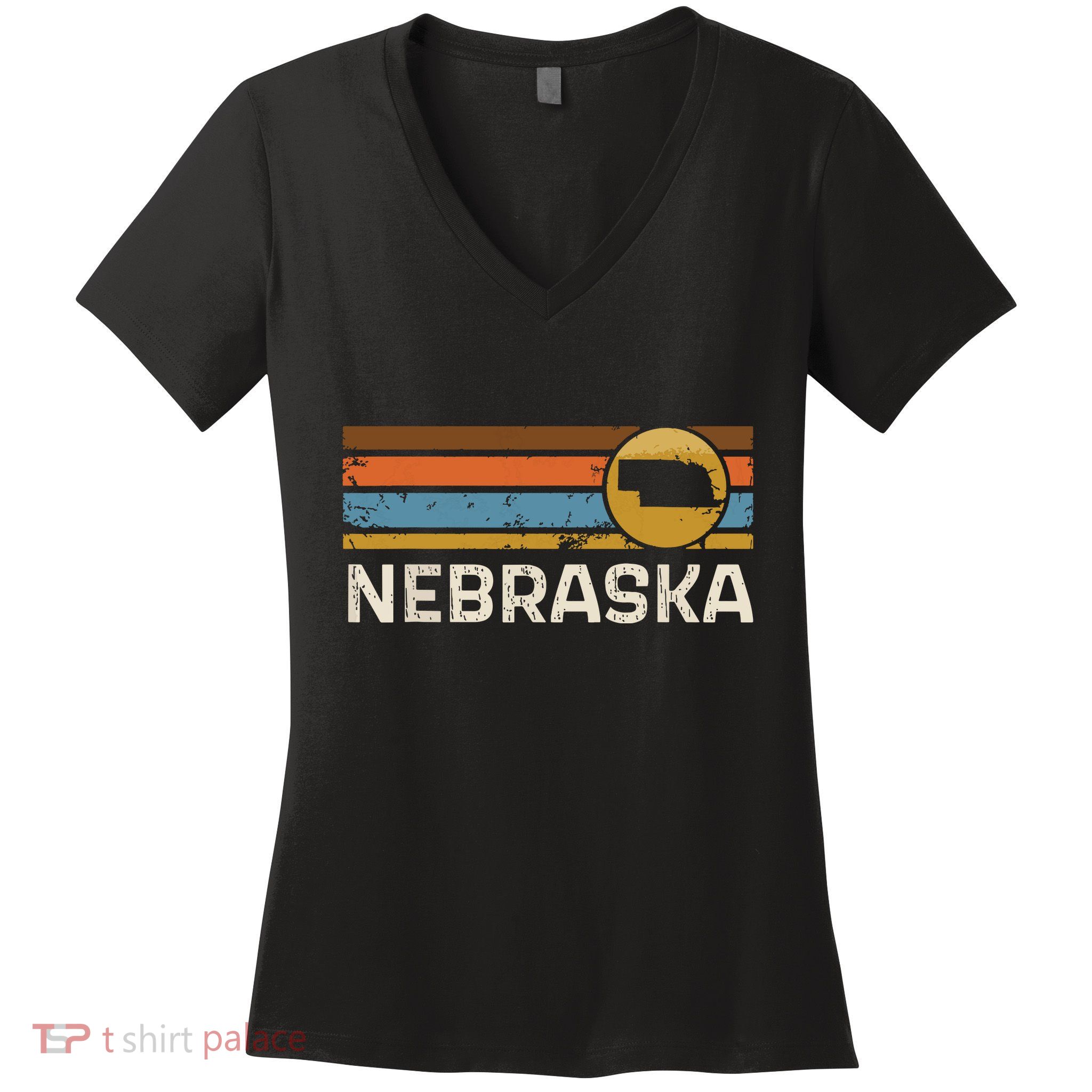 Graphic Nebraska Us State Map Vintage Retro Stripes Women's V-Neck T-Shirt