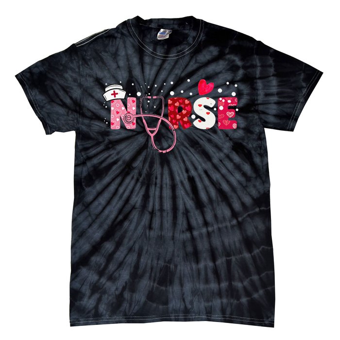 Girls  Nurses Valentines Day Gifts Hearts Stethoscope Tie-Dye T-Shirt