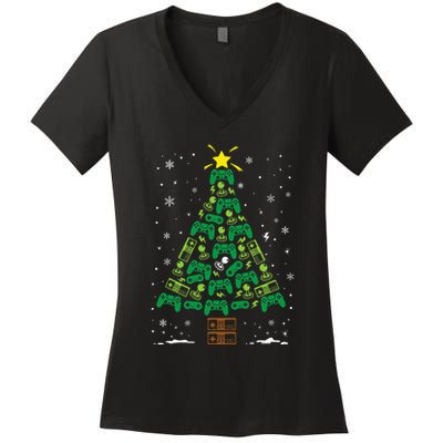 Gamer Nerd Video Game Lover Family Matching Christmas Tree Women's V-Neck T-Shirt