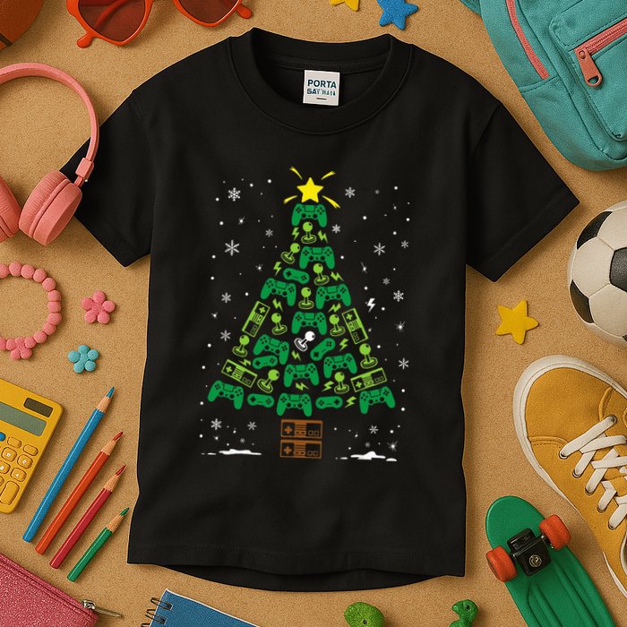 Gamer Nerd Video Game Lover Family Matching Christmas Tree Kids T-Shirt