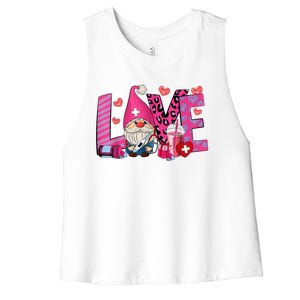 Gnome Nurse Valentines Day Heart Stethoscope Love Nursing Women's Racerback Cropped Tank