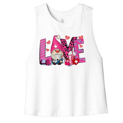 Gnome Nurse Valentines Day Heart Stethoscope Love Nursing Women's Racerback Cropped Tank