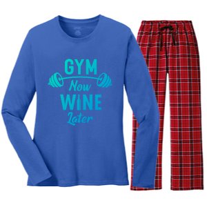 Gym Now Wine Later Funny Workout Weightlifting Barbell Cool Gift Women's Long Sleeve Flannel Pajama Set 